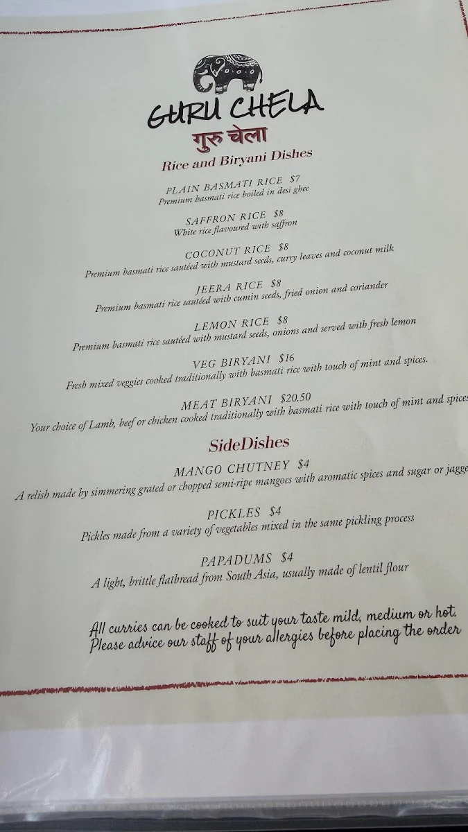 Menu, Guru Chela Indian Restaurant