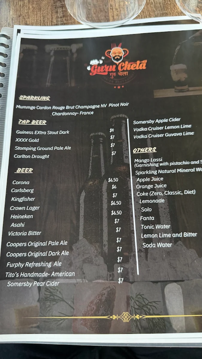 Menu, Guru Chela Indian Restaurant