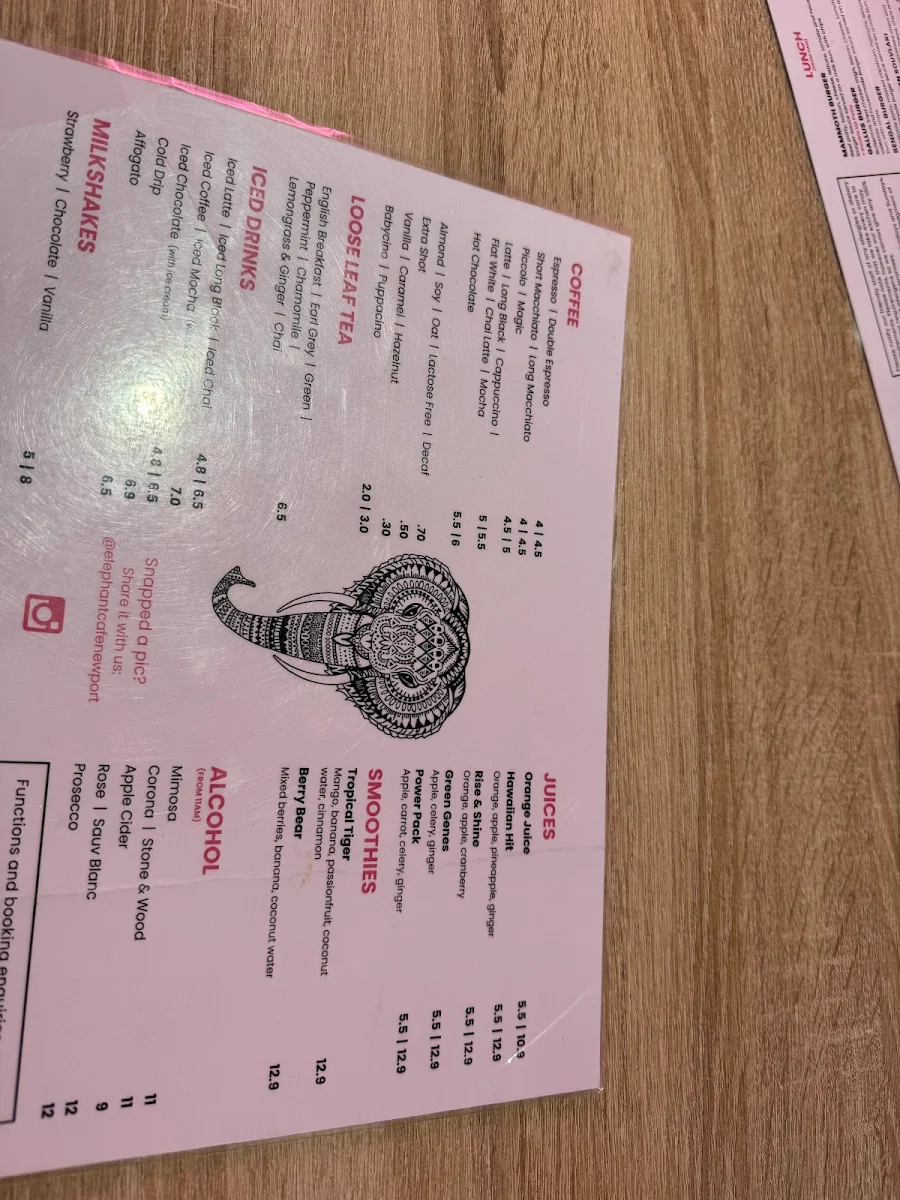 Menu, Elephant Cafe | Newport