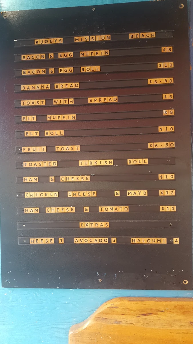 Menu, Joey's Mission Beach