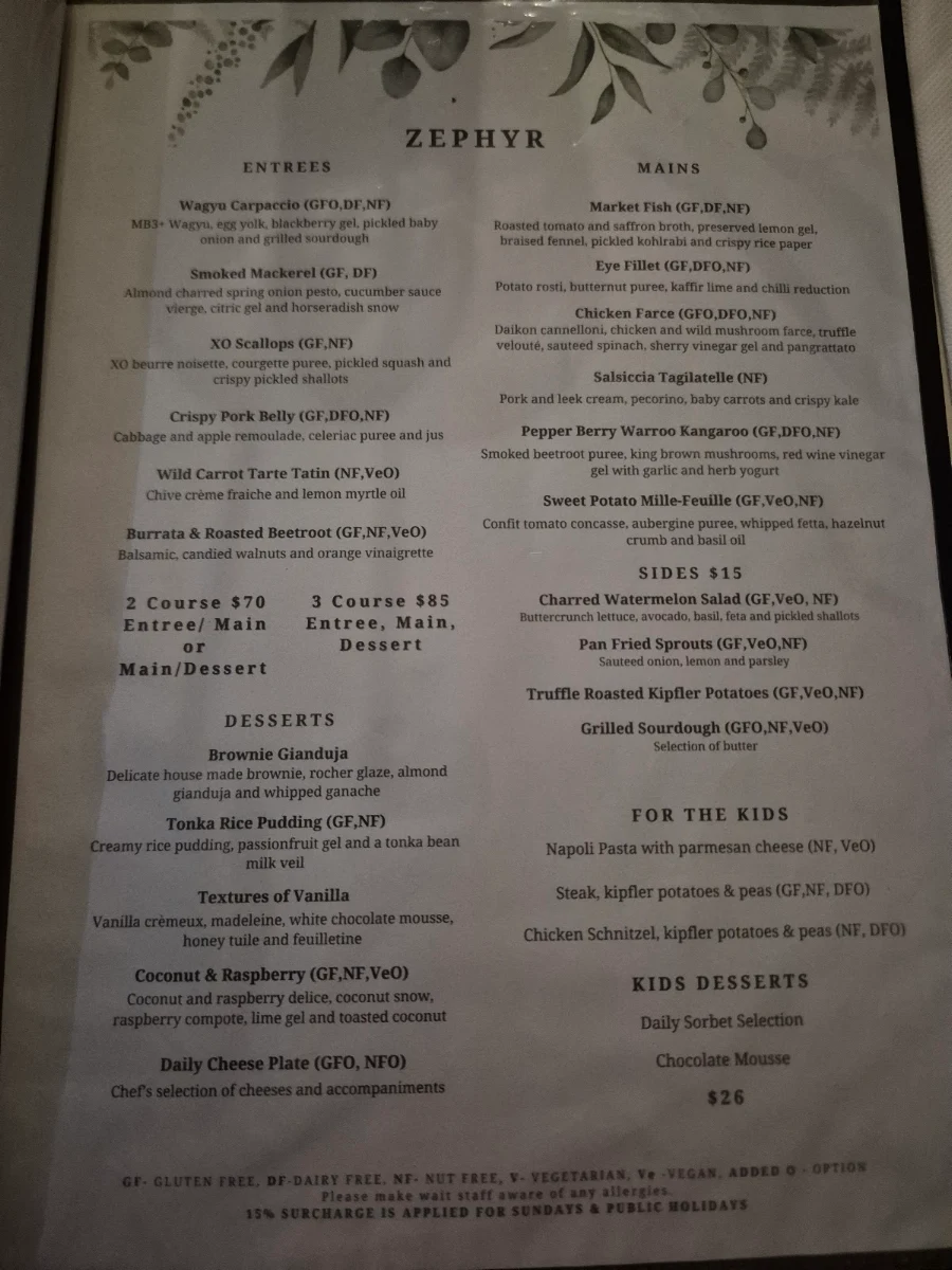 Menu, Zephyr Restaurant