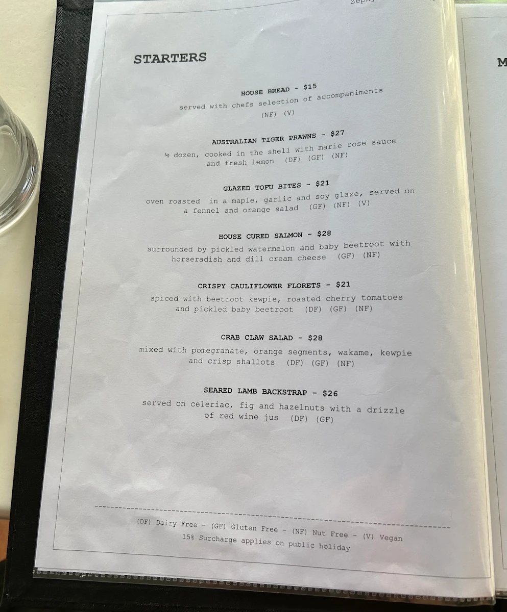 Menu, Zephyr Restaurant