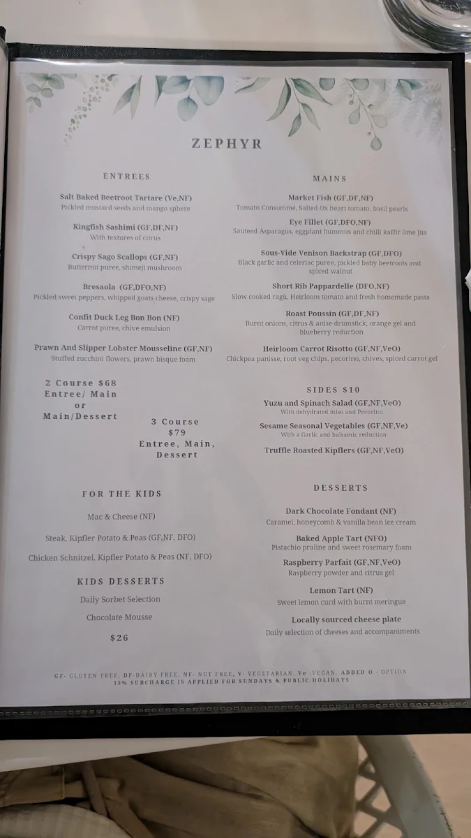Menu, Zephyr Restaurant