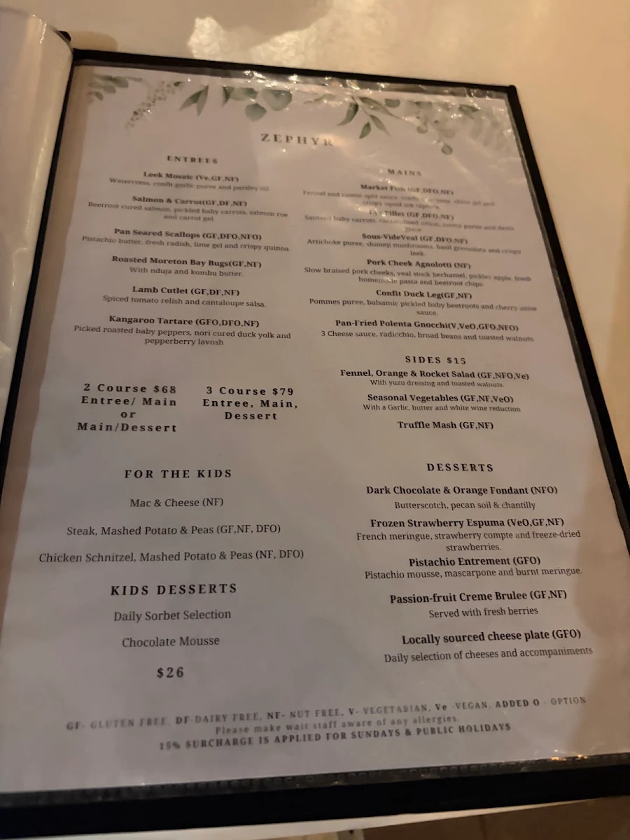 Menu, Zephyr Restaurant