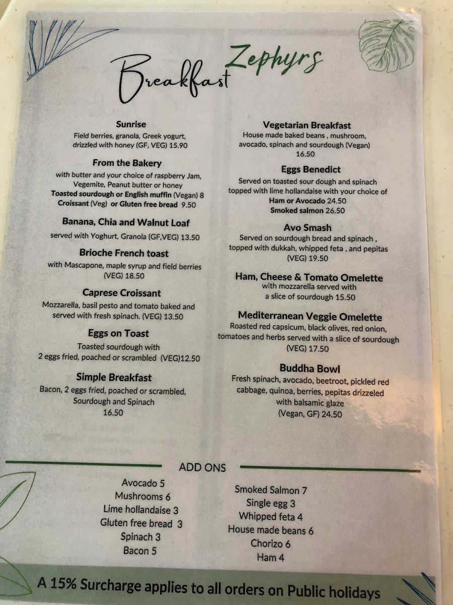 Menu, Zephyr Restaurant