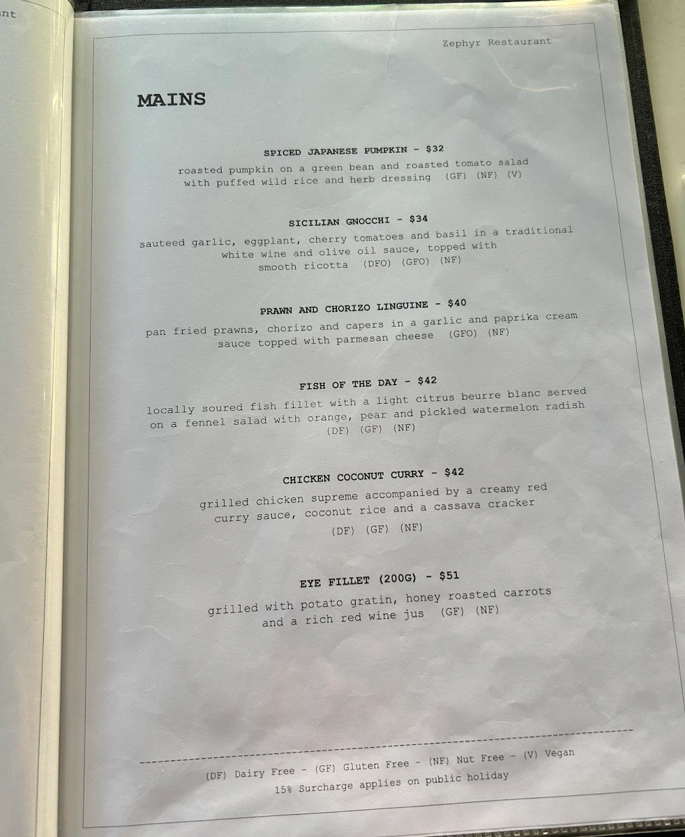 Menu, Zephyr Restaurant