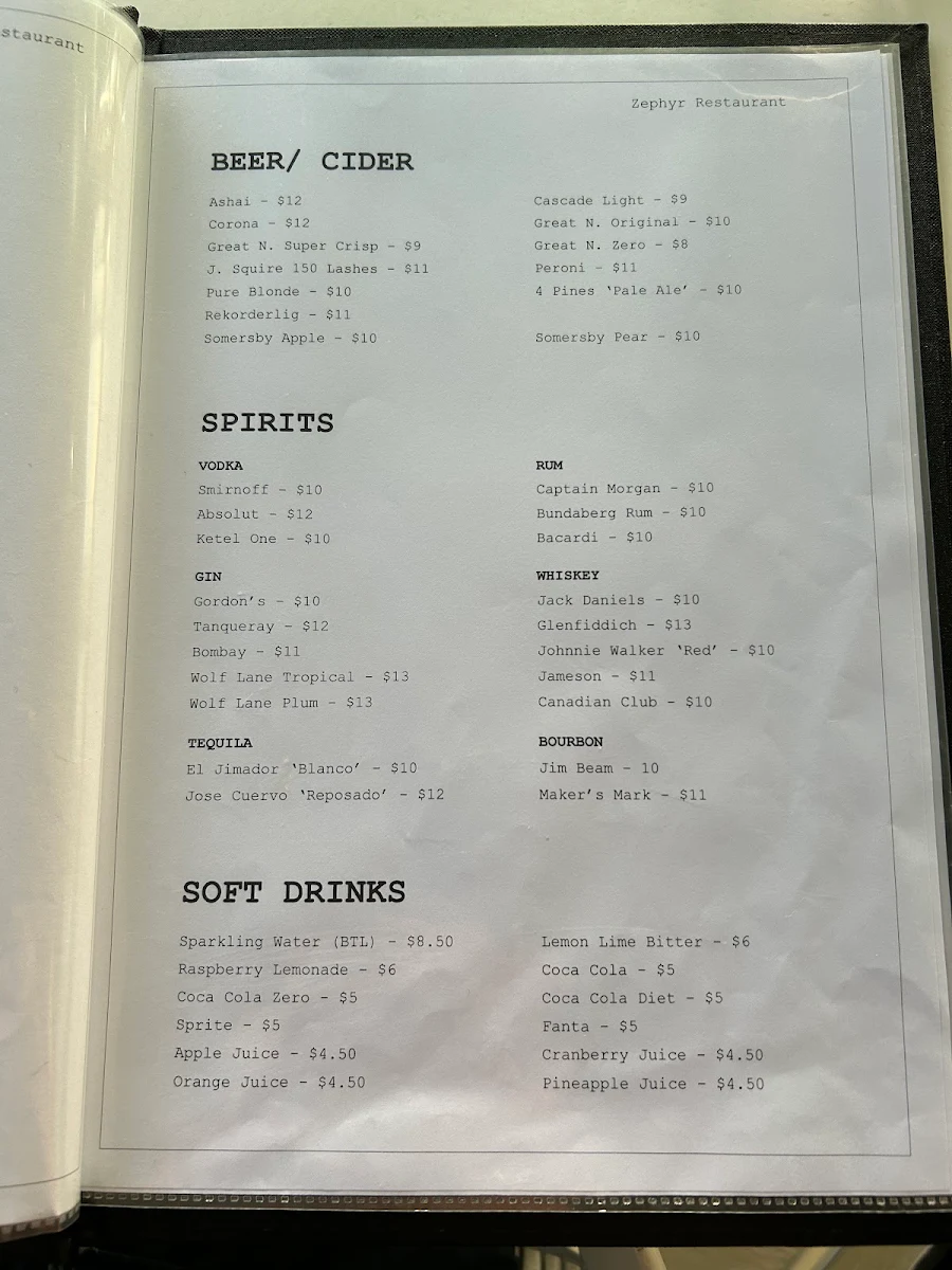 Menu, Zephyr Restaurant