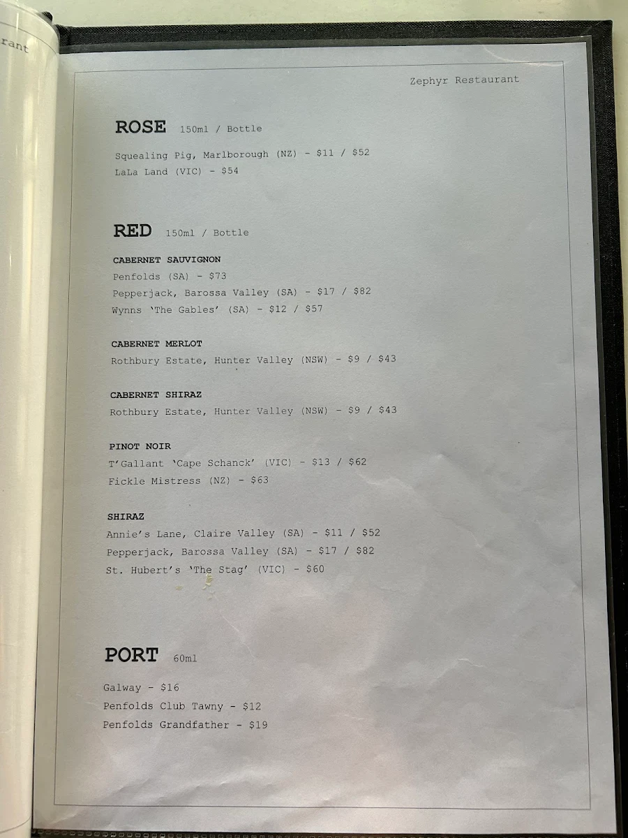 Menu, Zephyr Restaurant