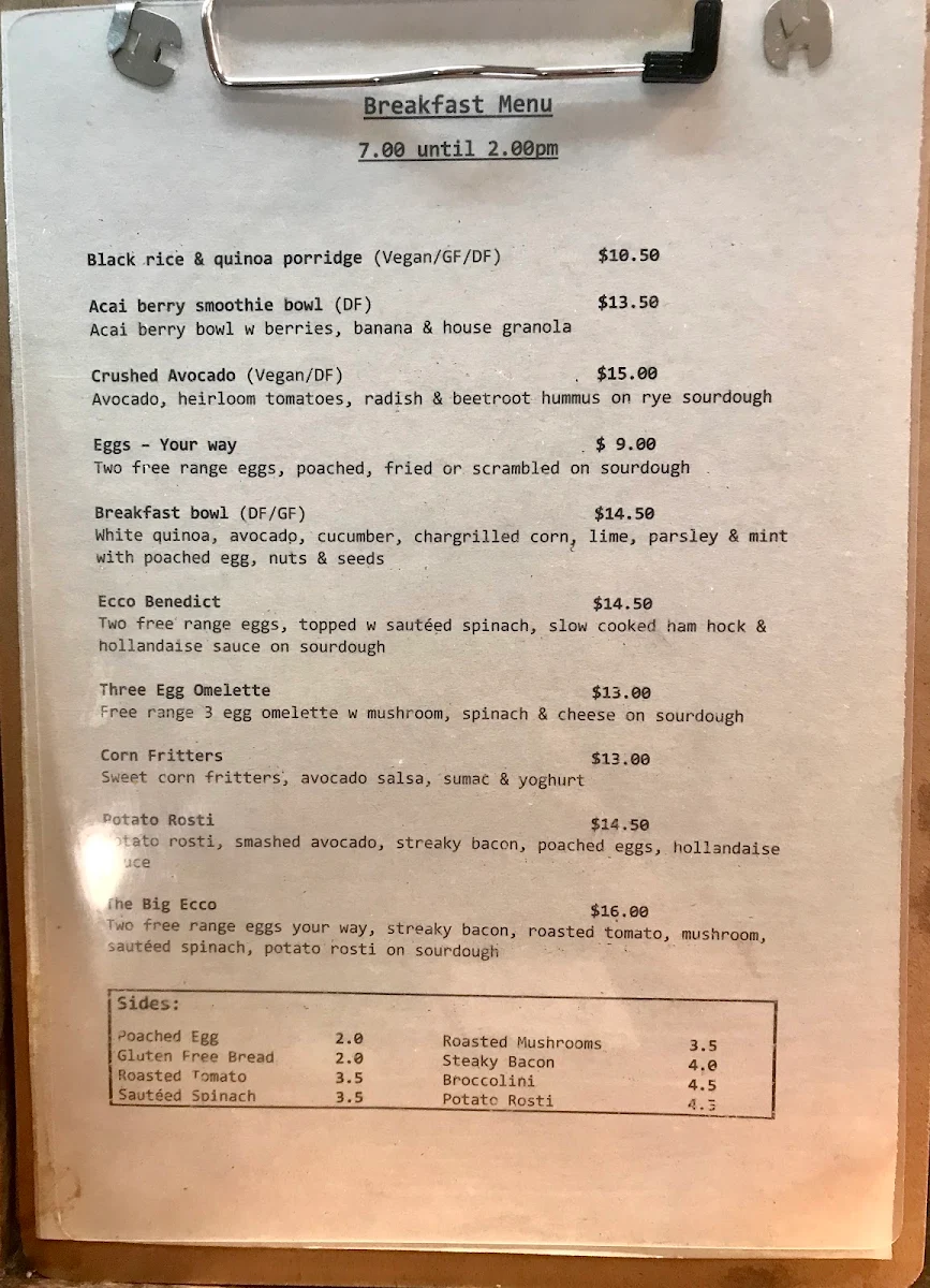 Menu, Cafe Ecco & Ecco Catering
