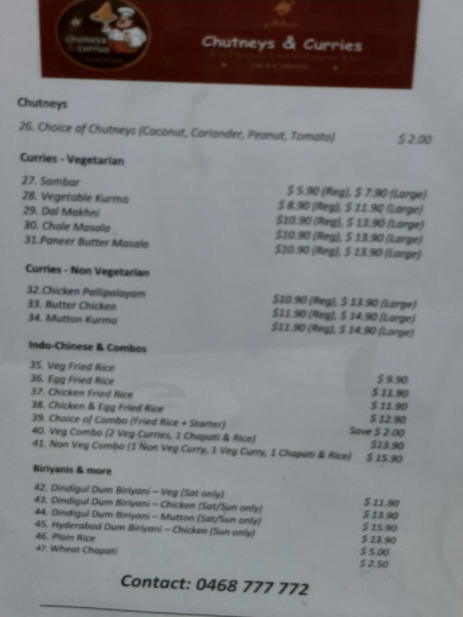 Menu, Chutneys & Curries