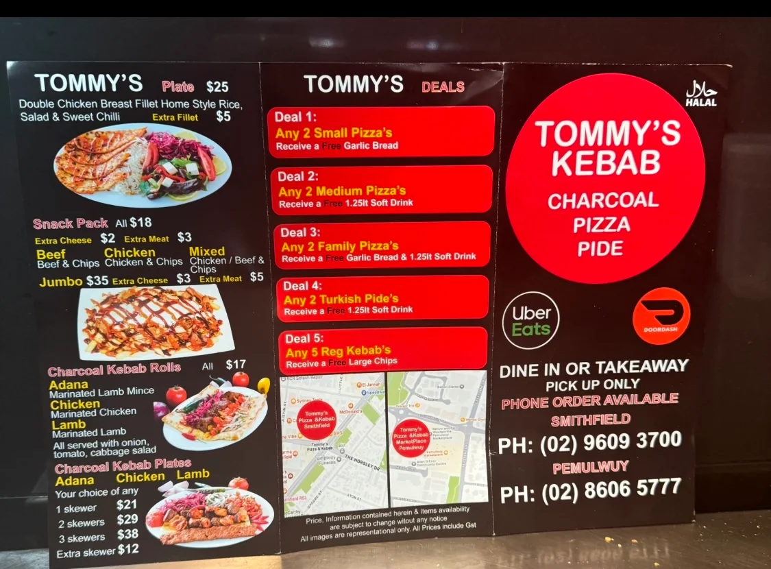 Menu, Tommy's Pizza Kebabs