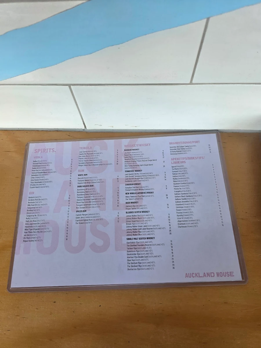 Menu, Auckland House