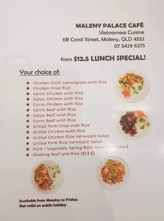 Menu, Maleny Palace Cafe