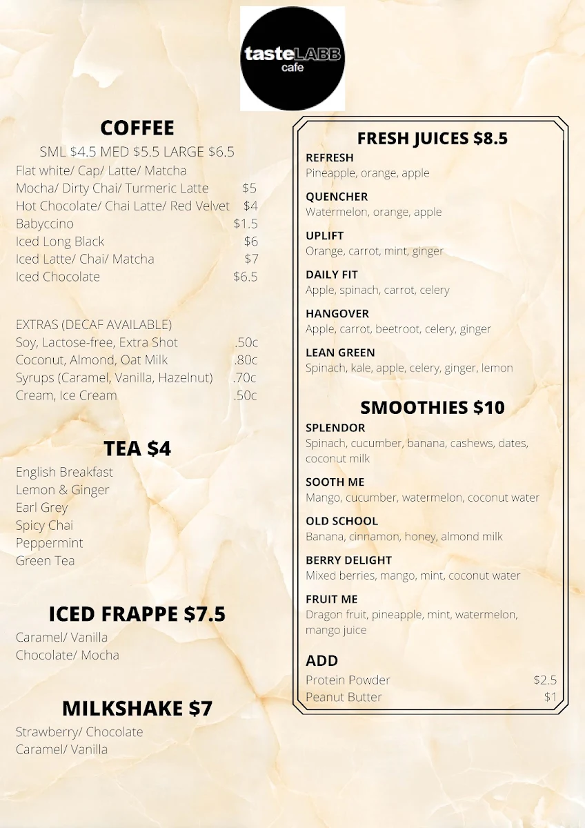 Menu, TasteLABB Cafe