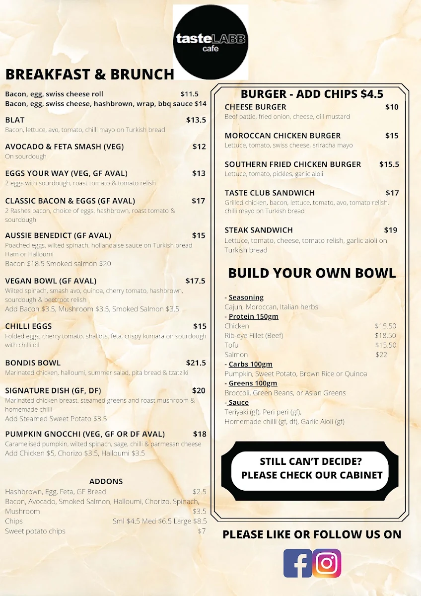 Menu, TasteLABB Cafe