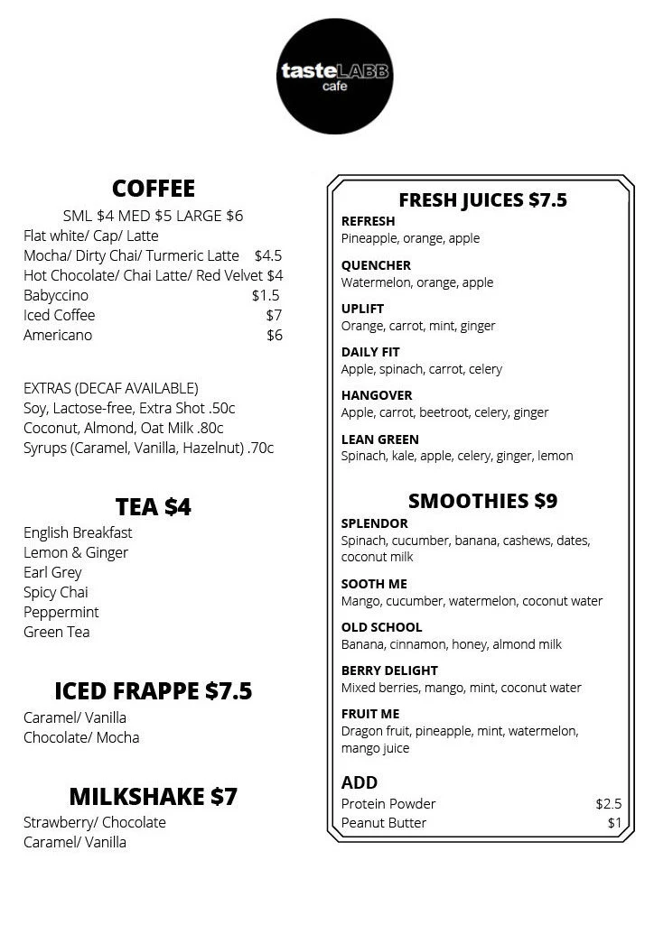 Menu, TasteLABB Cafe