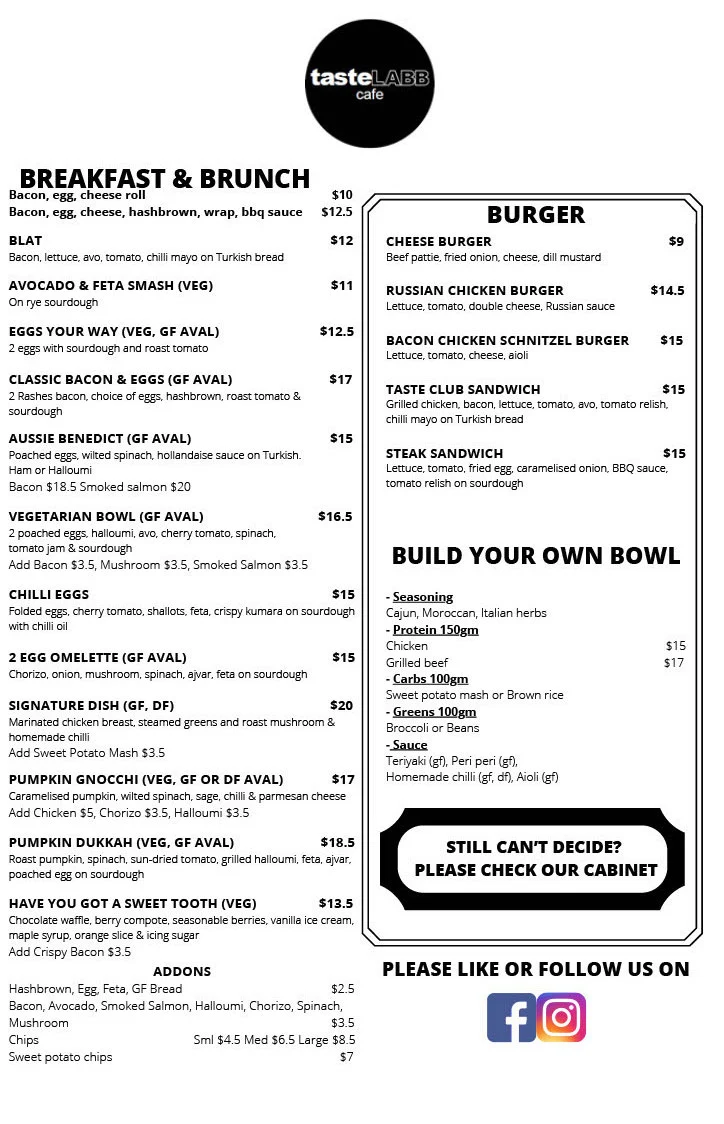 Menu, TasteLABB Cafe