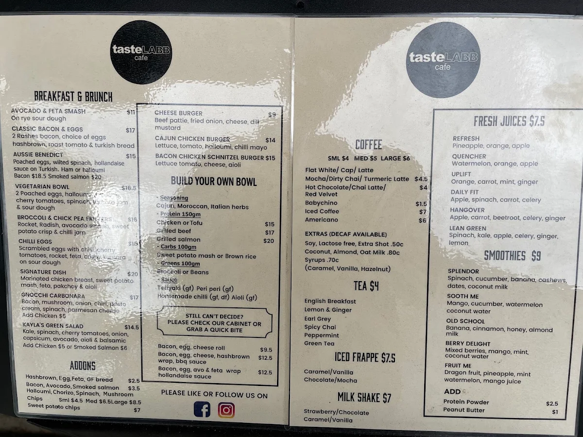 Menu, TasteLABB Cafe