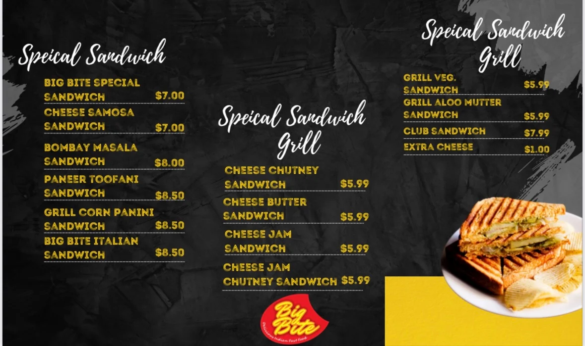 Menu, Big Bite Indian Fast Food Wentworthville