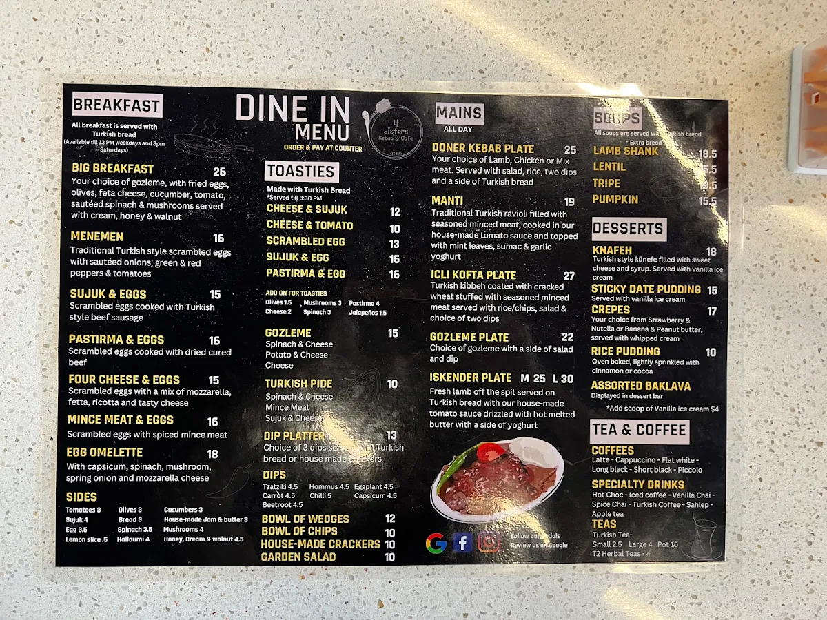 Menu, 4 Sisters Kebab Cafe & Desserts