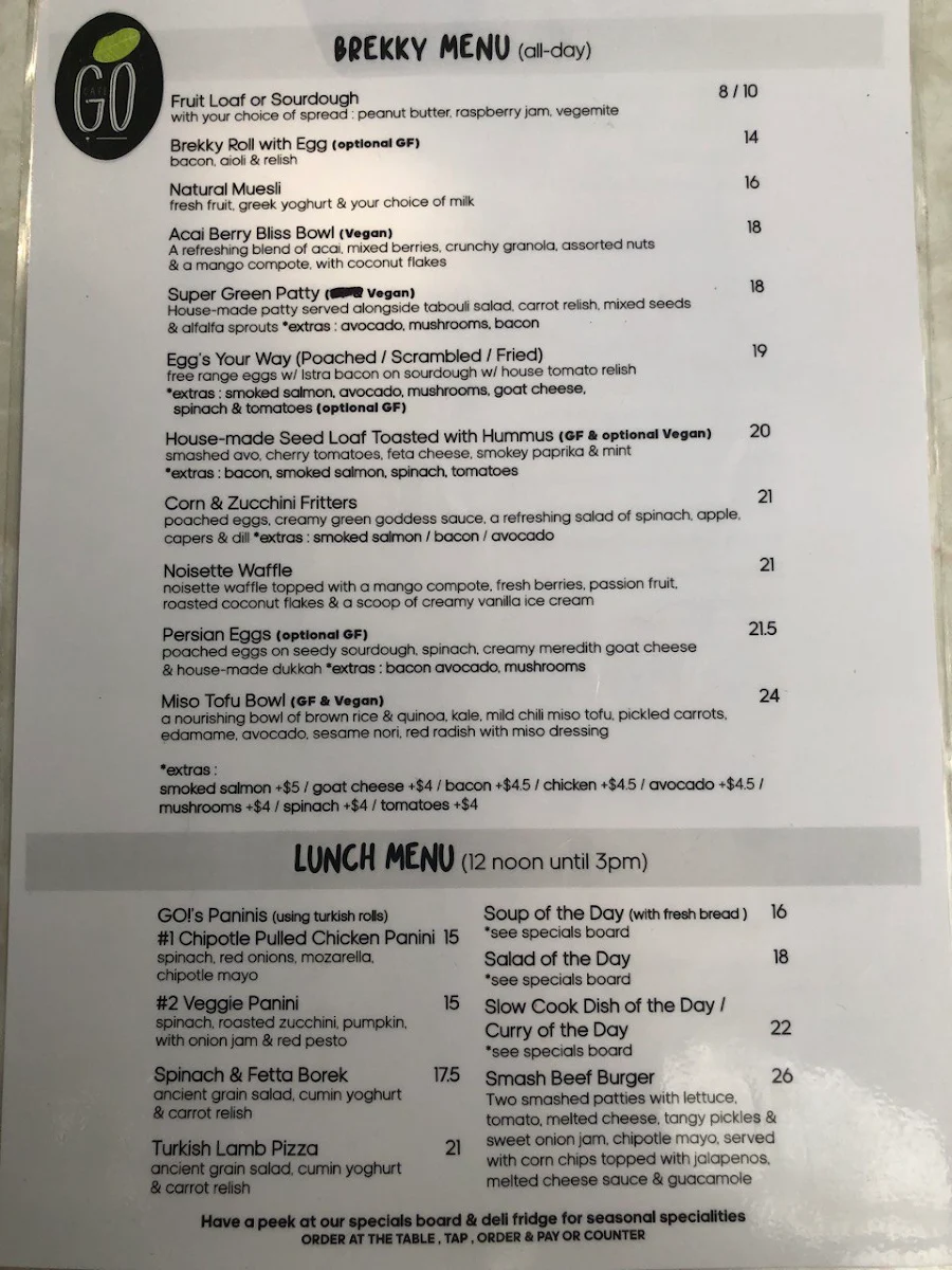 Menu, Cafe Go.