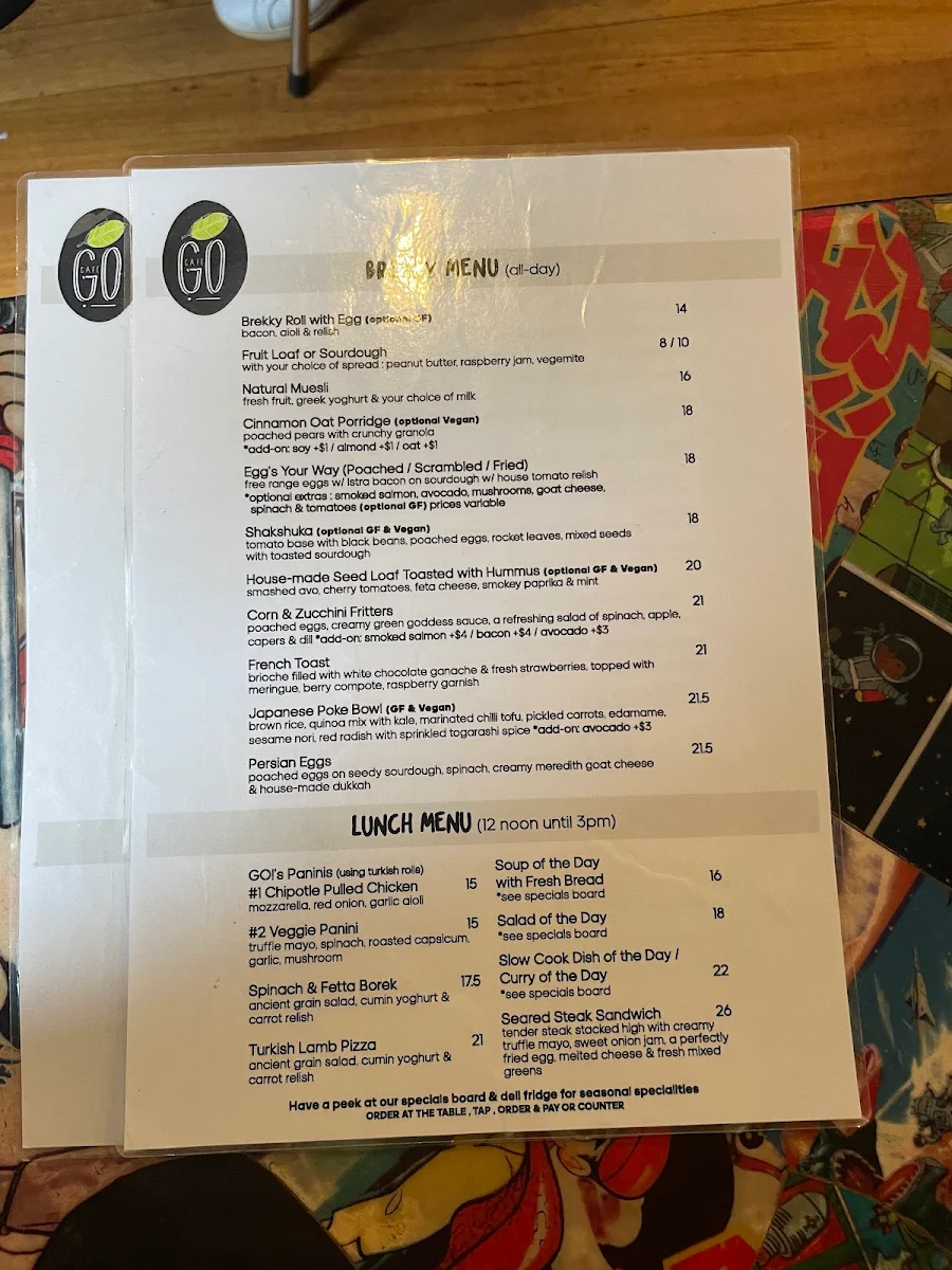Menu, Cafe Go.