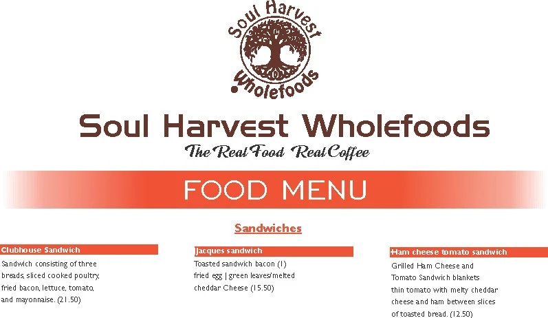 Menu, Soul Harvest Wholefoods