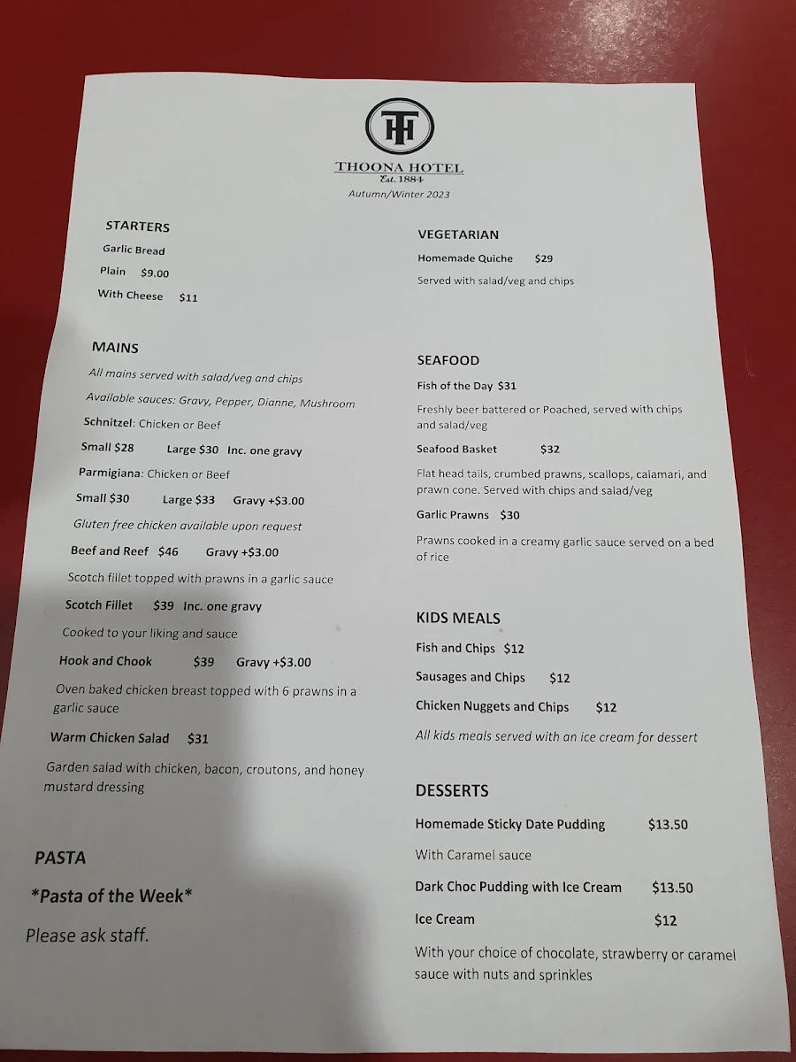 Menu, Thoona Hotel