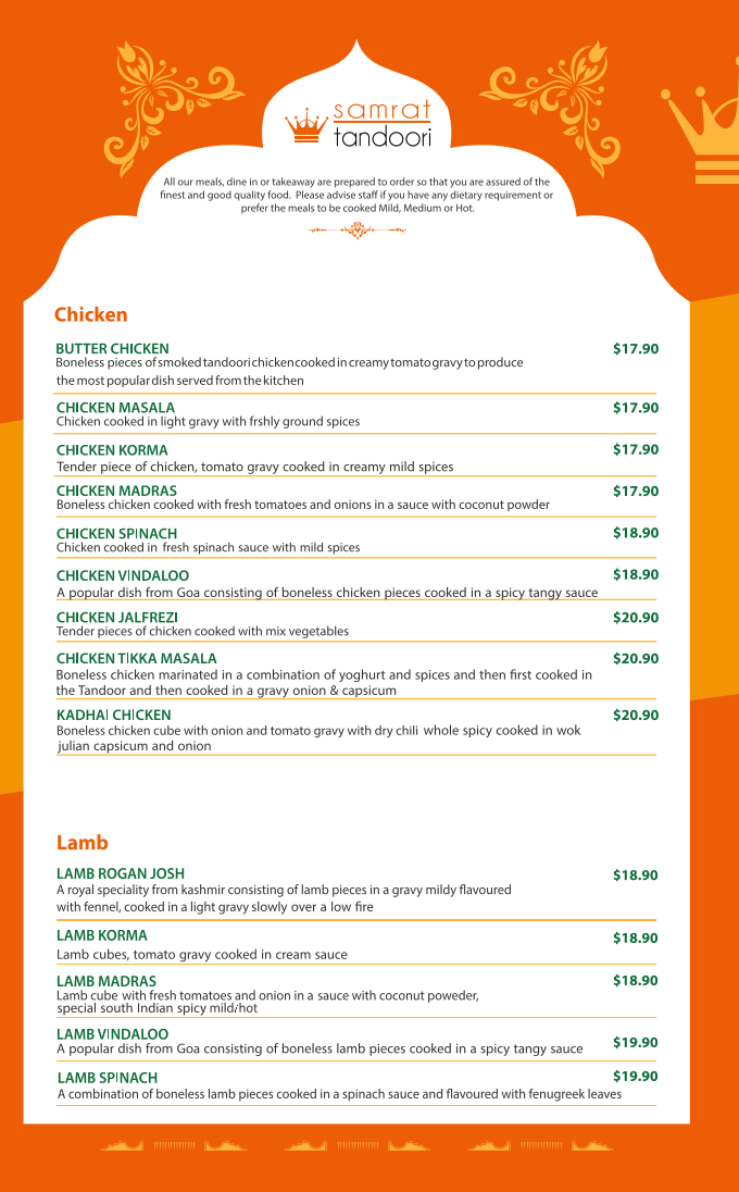 Menu, Samrat Tandoori