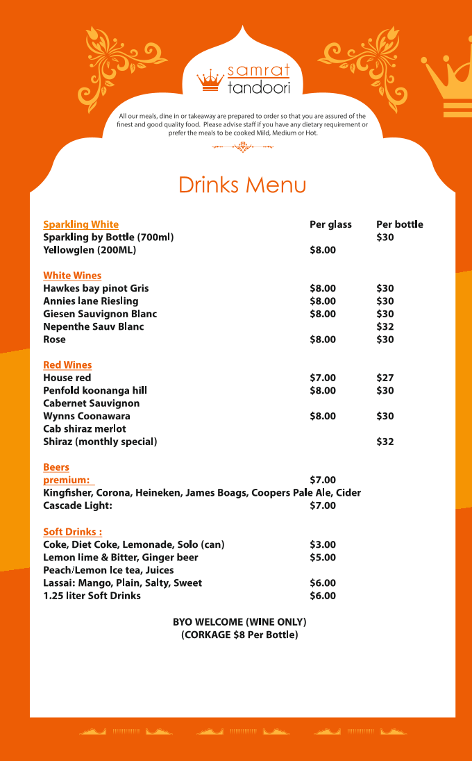 Menu, Samrat Tandoori