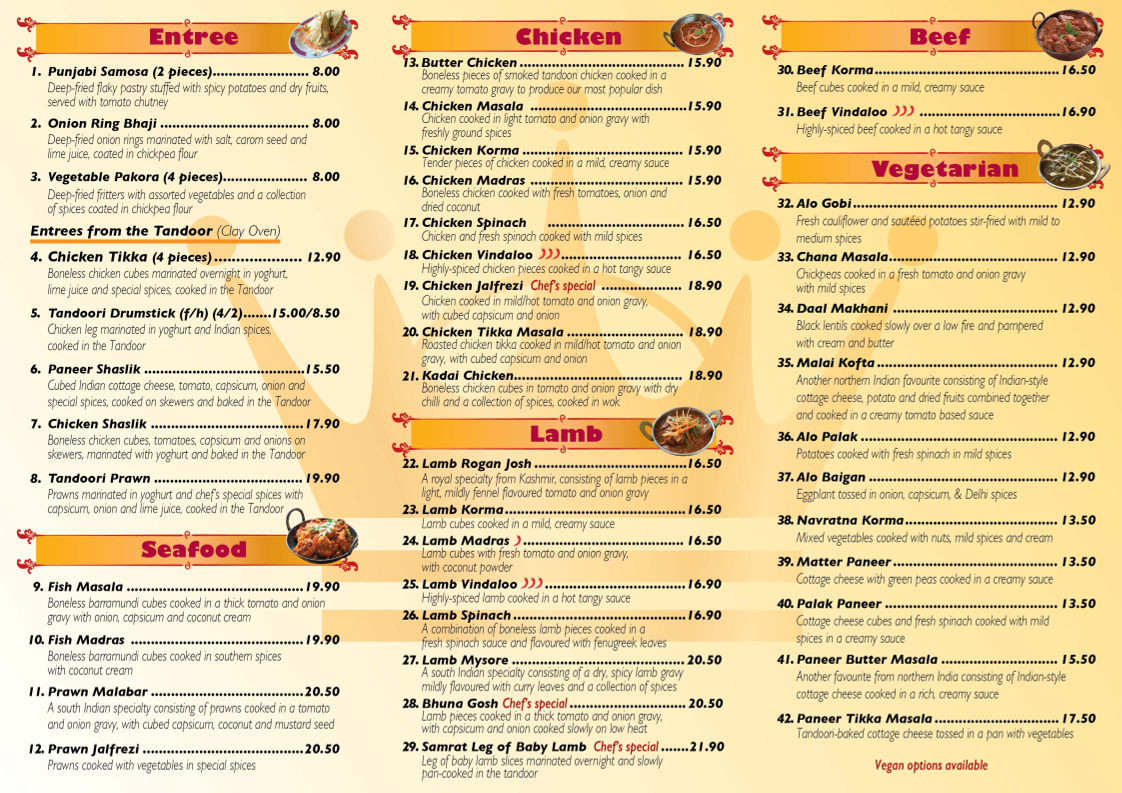 Menu, Samrat Tandoori