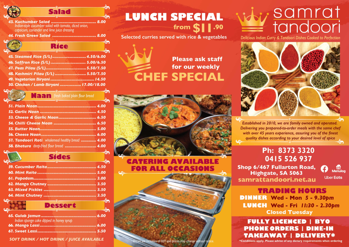 Menu, Samrat Tandoori