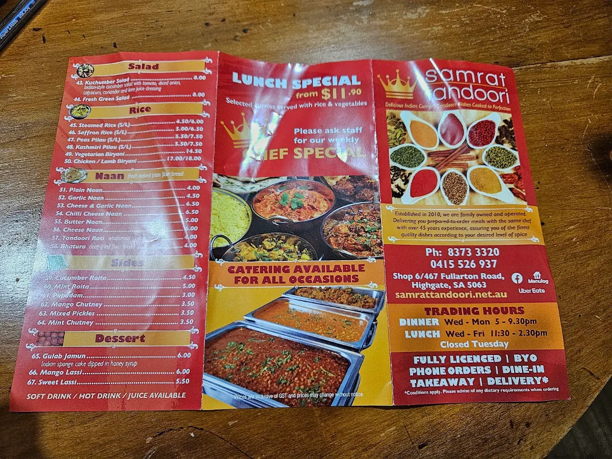 Menu, Samrat Tandoori