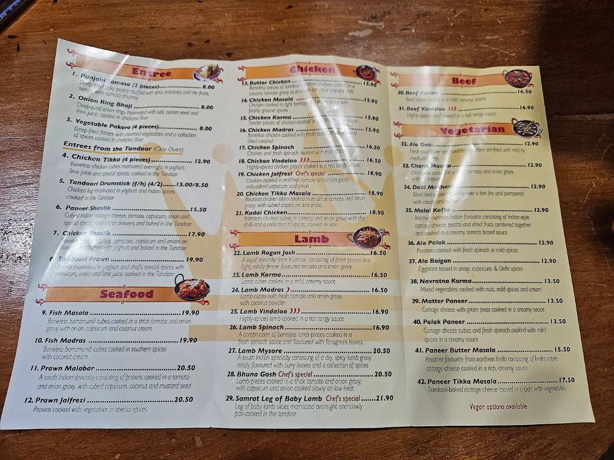 Menu, Samrat Tandoori