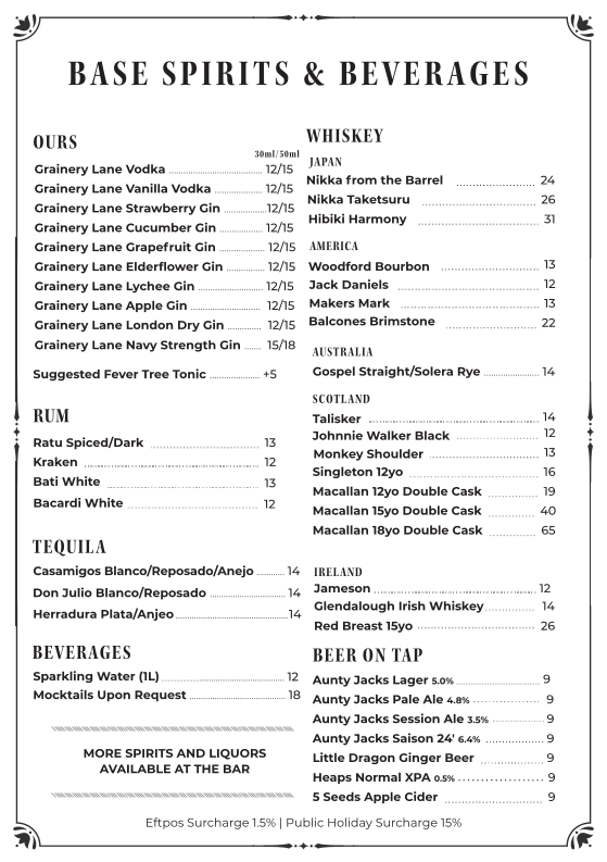 Menu, Grainery Lane