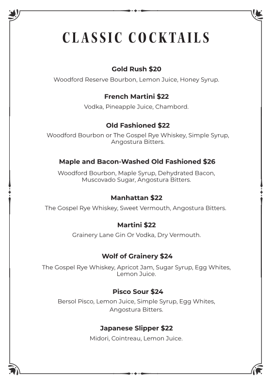 Menu, Grainery Lane