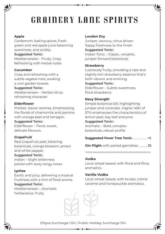 Menu, Grainery Lane