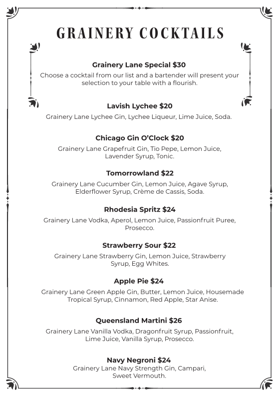 Menu, Grainery Lane