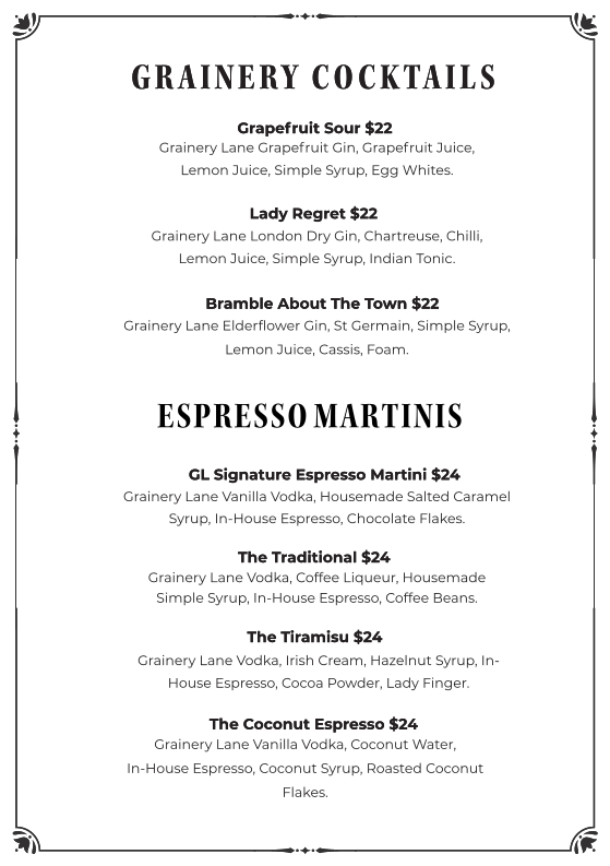 Menu, Grainery Lane