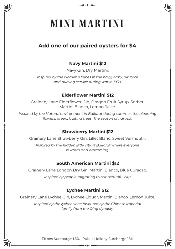 Menu, Grainery Lane