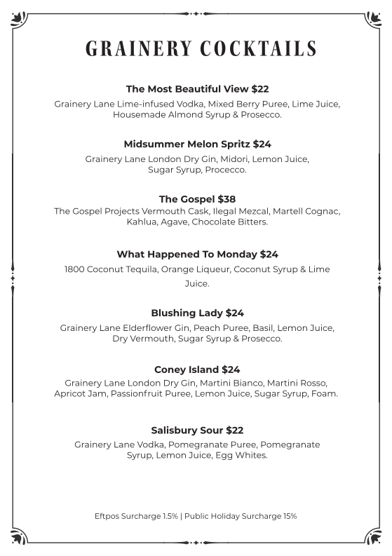 Menu, Grainery Lane