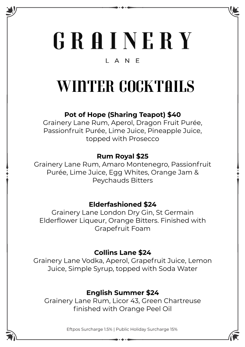 Menu, Grainery Lane