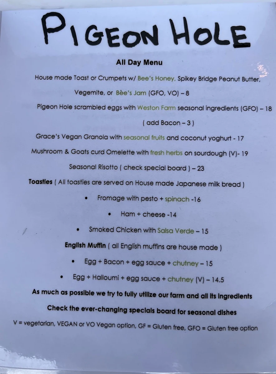 Menu, Pigeon Hole