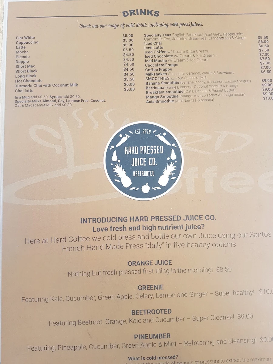 Menu, Hard Coffee