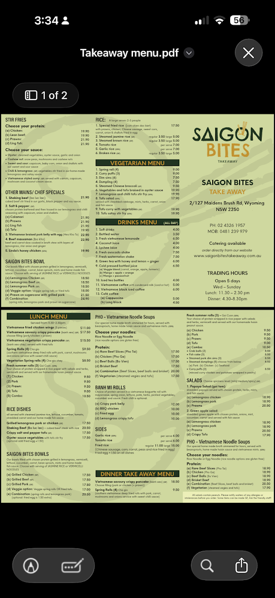 Menu, Saigon bites takeaway