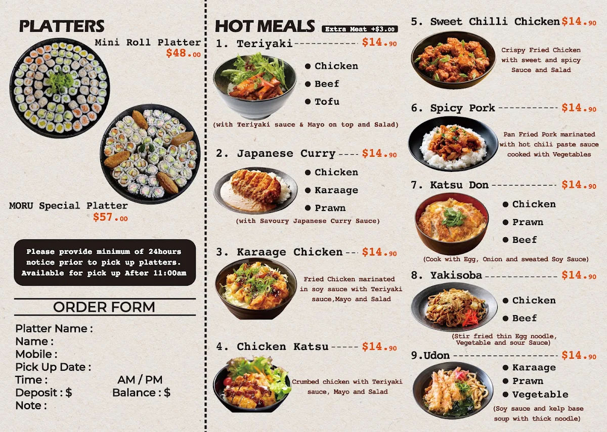Menu, Sushi Moru