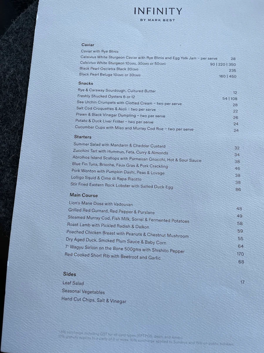 Menu, Infinity at Sydney Tower
