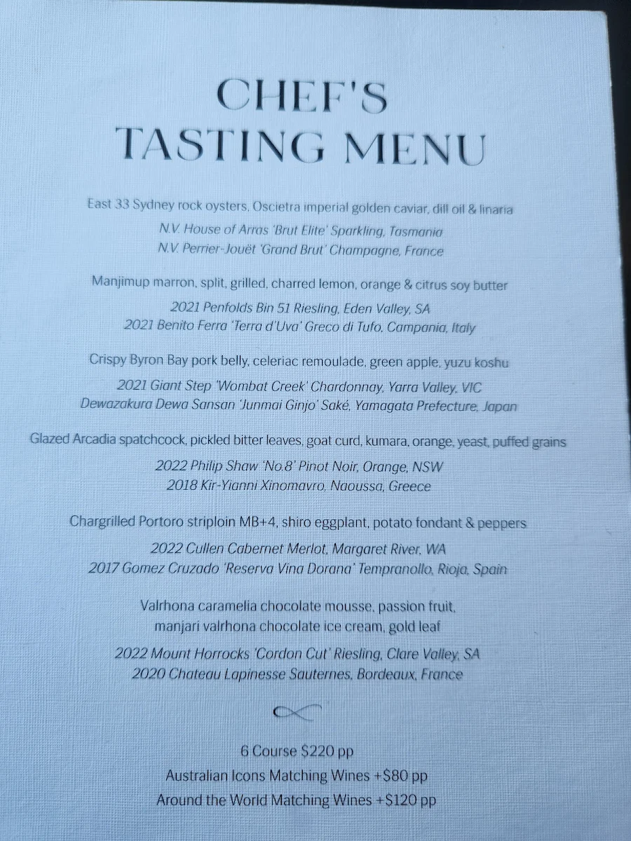 Menu, Infinity at Sydney Tower