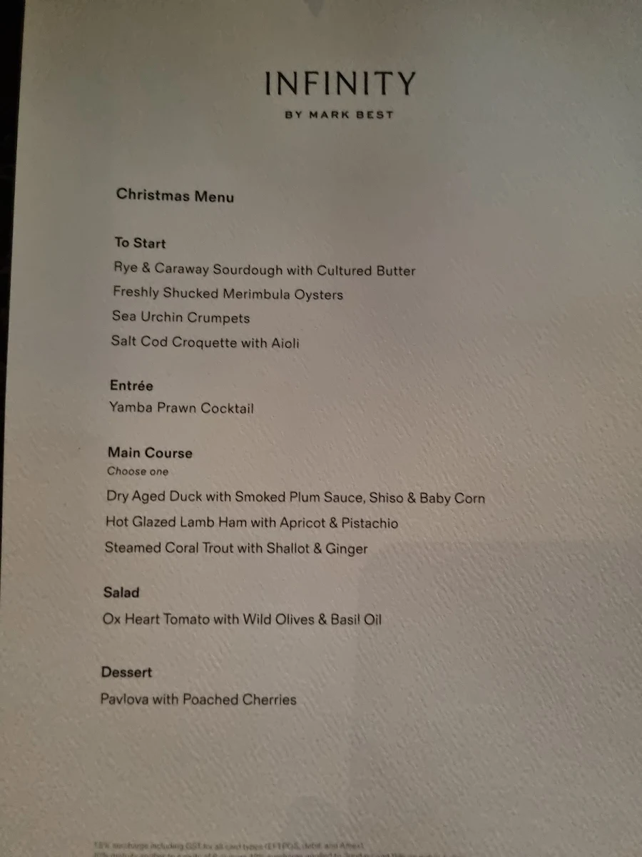 Menu, Infinity at Sydney Tower