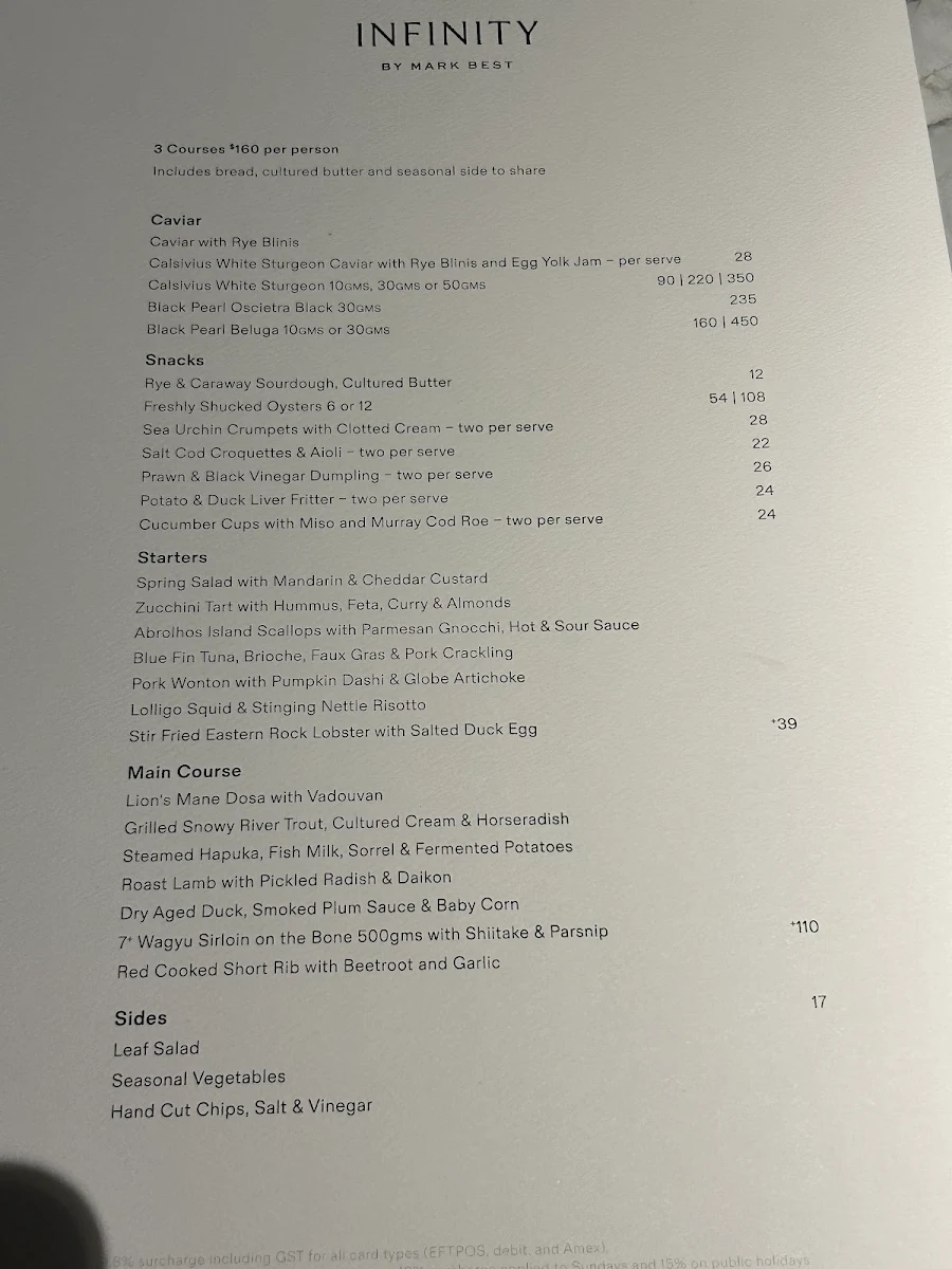 Menu, Infinity at Sydney Tower